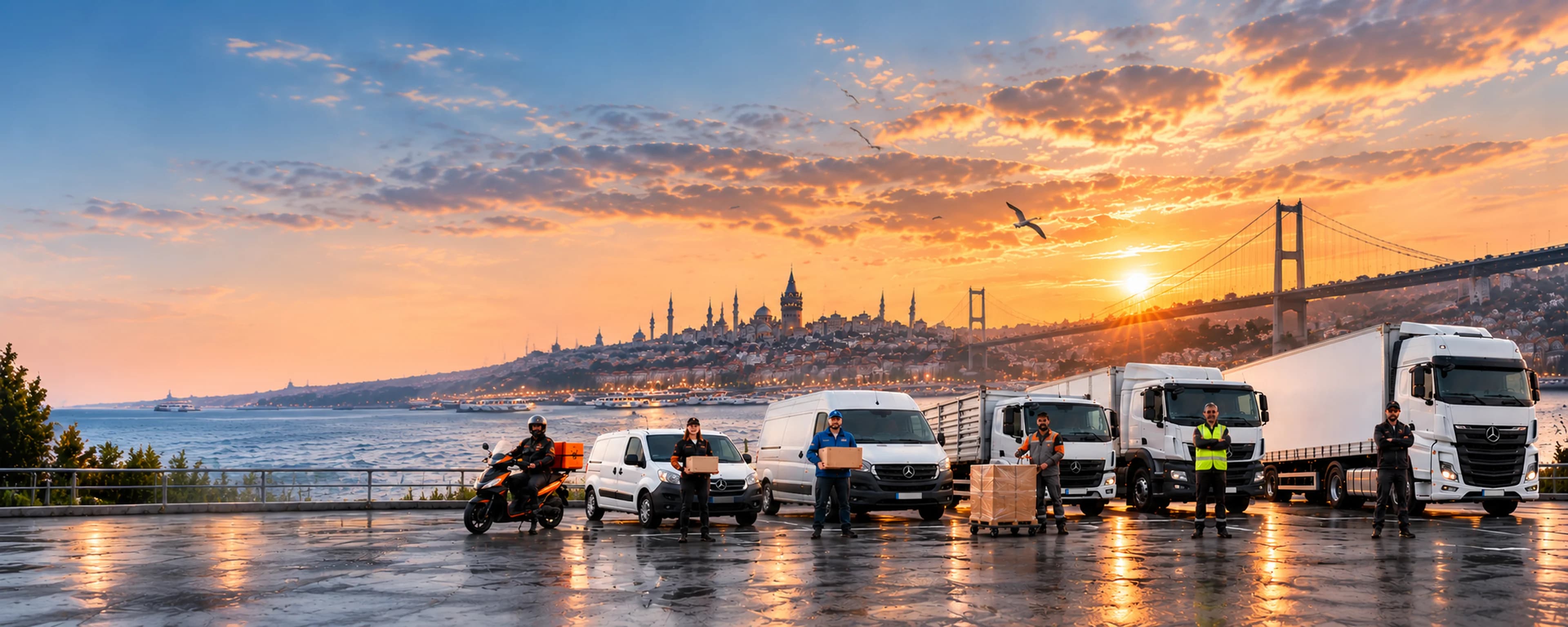 İstanbul Boğazı ve köprü manzarası önünde Her Yere Kurye araç filosu ve ekibi