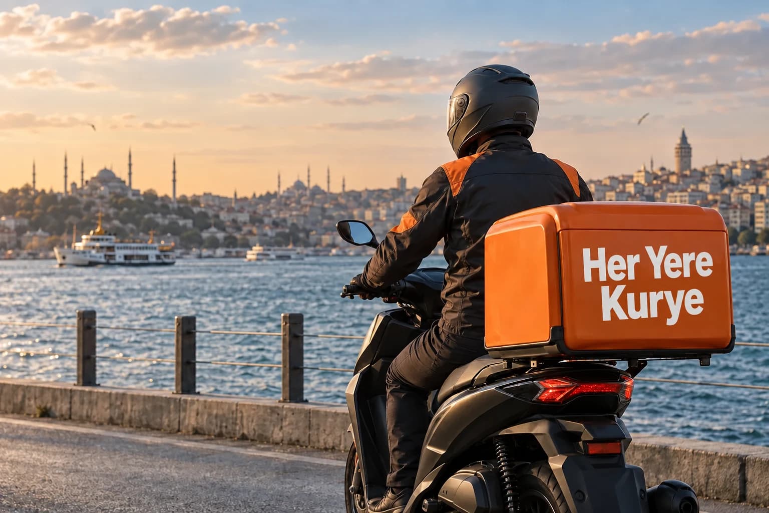 İstanbul kıyısında Her Yere Kurye yazılı turuncu taşıma kutusuyla moto kurye