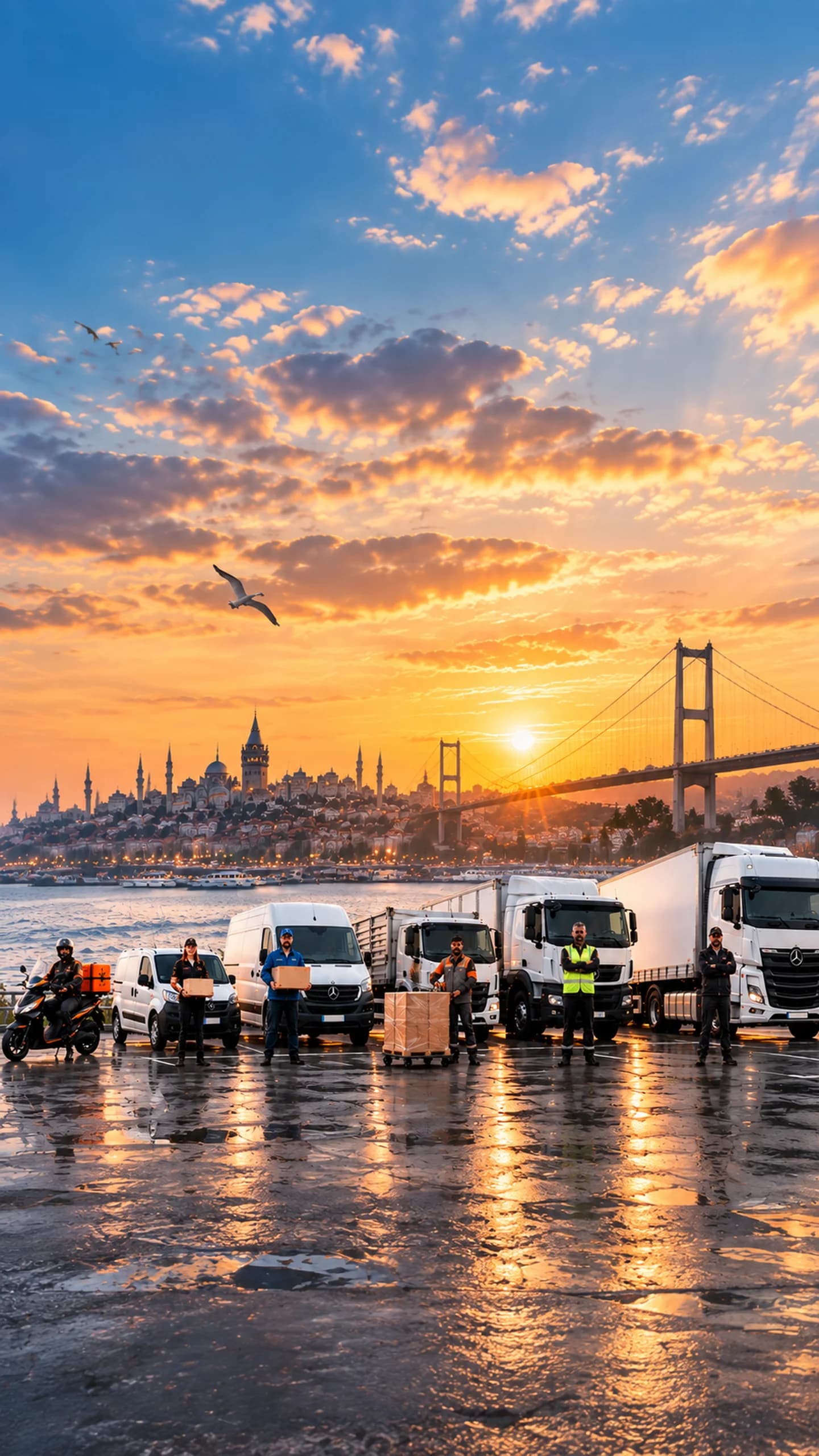 İstanbul Boğazı ve köprü manzarası önünde Her Yere Kurye araç filosu ve ekibi